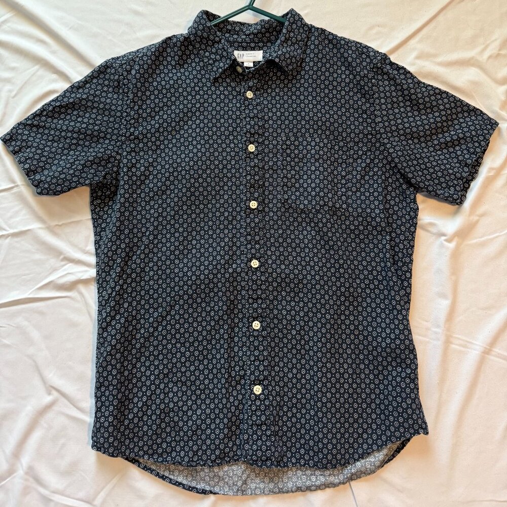 GAP Linen Blend Short Sleeve Button Up Shirt Navy Pattern Men’s Small